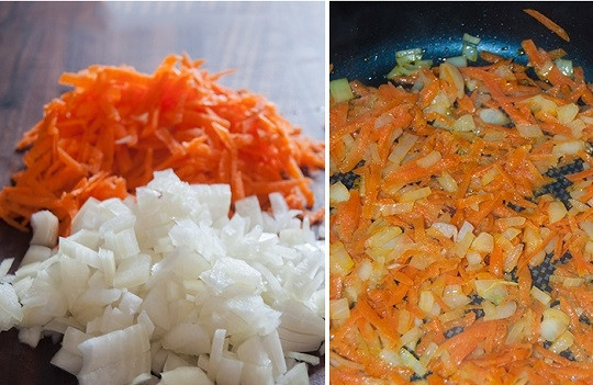 1. Этап. Лучший рецепт борща: 3. Очистите и измельчите лук с морковью. Выложите на сковороду с растительным маслом и обжарьте до мягкости.