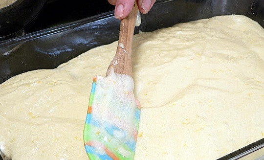 1. Этап. Лимонный пирог на сметане: 10. Выложите тесто, разровняйте и отправьте в духовку.