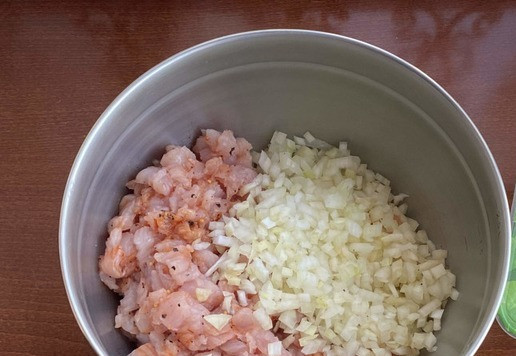 1. Этап. Самса Тюльпан: Филе индейки я мелко нарезала.. Так же мелко нашинковала две средние репчатые луковицы. Все перемешать и наша начинка готова.