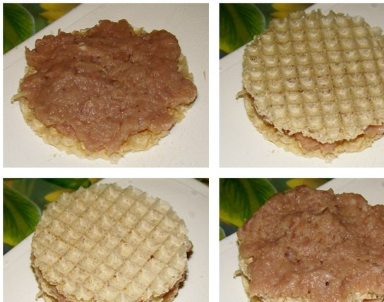 1. Этап. Вафельные котлеты: 6. Сам процесс формирования котлет достаточно простой. На один корж выложить немного фарша, накрыть вторым коржом и снова выложить фарш, и снова корж. Таким образом поступить со всеми котлетками.