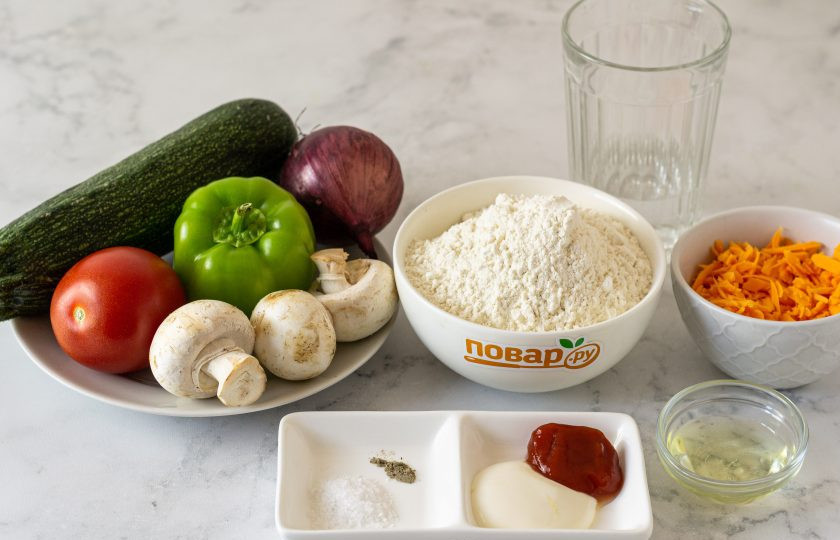 1. Этап. Вегетарианская пицца без дрожжей: Подготовьте все ингредиенты.