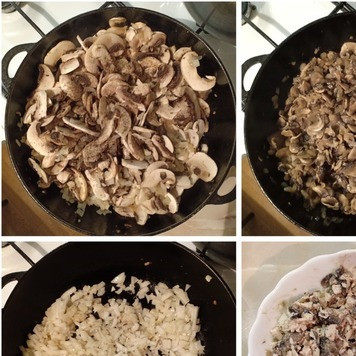 1. Этап. Салат Лужок: Лук немного обжарить, затем добавить грибы и пережарить их вместе до готовности. Готовую массу выложить в глубокую миску и остудить. Посолить и поперчить по вкусу, добавить нарезанное куриное мясо, майонез и все перемешать.