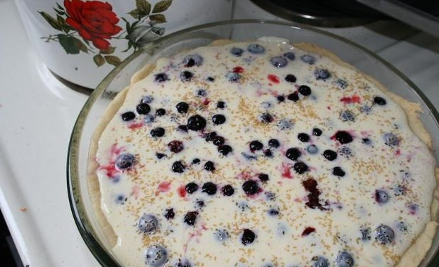 1. Этап. Торт со свежей смородиной: Заливаем ягоды заливкой и снова отправляем в духовку, но уже минут на 40. Готовый торт со свежей смородиной можете подать со сливками. Приятного аппетита!