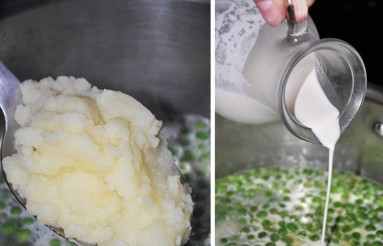 1. Этап. Суп из гороха: 4. Посолите, поперчите по вкусу, добавьте пюре и сливки.