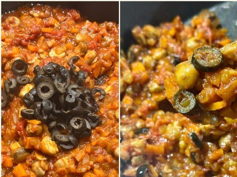 1. Этап. Солянка. Семужий бульон и прочее: Через минут пятнадцать добавил дюжину нарезанных на колечки маслин. Маслины, замечу, тоже соленые. И еще минут десять, перемешивая, доводил заправку. На правой картинке – она готовая. Видите – все совместилось. Ничего не пережарилось. Пропиталось соками. А цвет? Ну так помидоры же. Как ни крути, а доминировали именно они.