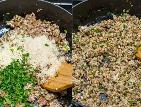 1. Этап. Грибы, фаршированные фаршем и сыром: 5. Затем добавьте зелень и натертый сыр (лучше всего пармезан). Обжарьте, пока не расплавиться сыр.