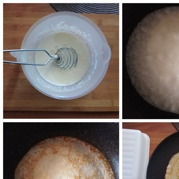 1. Этап. Блинчики с сыром и шоколадом: Делаем тесто для очень тонких блинов. ТЕСТО ДЛЯ БЛИНОВ ДЕЛАЕМ БЕЗ СОДЫ И РАЗРЫХЛИТЕЛЯ! В тёплое молоко разбиваем яйцо, добавляем сахар и соль. Всё соединяем, вмешивая понемногу муку. Тесто делаю ручным венчиком. Нужно, чтобы в тесте не было комочков. Тесто получилось довольно густым. Постоянно помешивая венчиком, вливаем крутой кипяток. Наливаем масло подсолнечное без запаха. Соединяем. Это нужно для того, чтобы не подмазывать каждый раз сковороду для выпечки каждого блина. Тесто готово. Оно должно быть жидким и хорошо растекаться по сковороде. Лучше жидкое тесто делать в посуде с носиком, удобно его разливать тонким слоем по сковороде. Моя сковорода D-22 см антипригарная. Сковороду нужно хорошо нагреть и для первого блина подмазать. Очень тонким слоем разливаем тесто по ней. Жарим блинчики с обеих сторон до готовности. Они очень тонкие и будут готовы очень быстро. Сильно края не пересушивайте. Снимая каждый блин со сковороды, промазываем его кусочком сливочного масла. Маслом блины не испортить, мажьте по количеству масла на свой вкус.