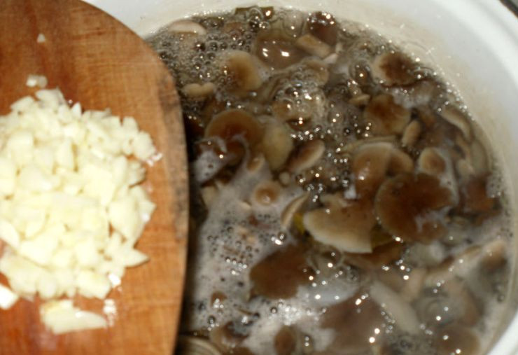 1. Этап. Маринованные опята с чесноком: За несколько минут до готовности добавляем в кастрюлю нарезанный небольшими кубиками чеснок.