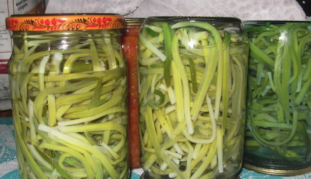 1. Этап. Черемша маринованная: Залейте черемшу горячим маринадом и закройте металлическими крышками. Переверните банки вверх дном и поставьте их на плоскую поверхность. Кушать такую черемшу можно будет через неделю.