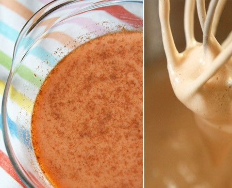 1. Этап. Суфле из моркови: 3. Добавить немного ванилина и корицы на кончике ножа. Все хорошо перемешать и соединить с морковным соком. Небольшую часть отлить в кастрюлю и добавить туда агар-агар. Довести смесь до кипения и проварить, постоянно помешивая, до полного растворения агар-агара. Затем соединить с остальной частью и тщательно взбить.