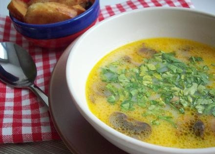 1. Этап. Итальянский суп с грибами: Добавить сырки, посолить и добавить травки. Варить на медленном огне 5 минут. Сырки должны раствориться. Подать со свежей зеленью и гренками. Приятного аппетита!