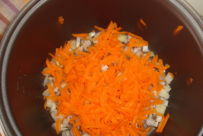 1. Этап. Тушеная капуста с курицей в мультиварке: В чашу мультиварки вливаем масло. Добавляем измельченный лук и тертую морковь.