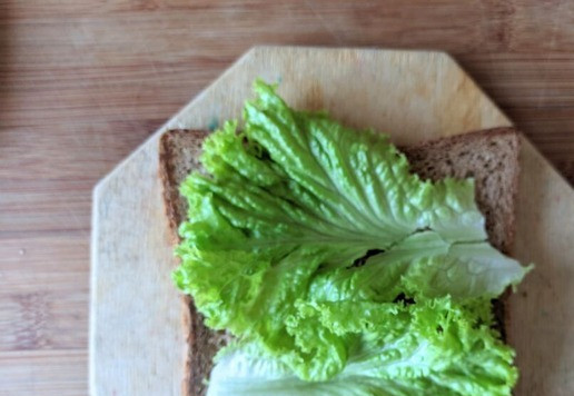 1. Этап. Большой сэндвич для всей семьи: Собираем сэндвич. На тост кладём помытые, обсушенные листья салата.