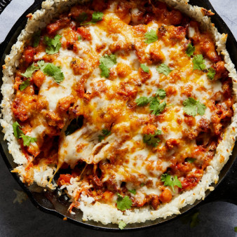 Cheesy Chorizo, Chickpea & Crispy Rice Skillet