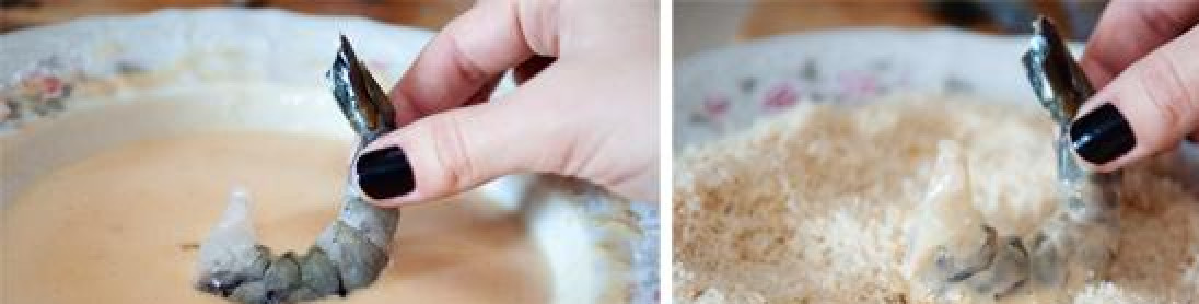 1. Этап. Креветки с пармезаном: Каждую креветочку сперва обмакиваем в яично-мучную смесь, затем обваливаем в сыре и сухарях.