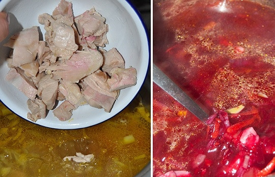 1. Этап. Лучший рецепт борща: 5. Выложите в кастрюлю курицу из бульона и овощи. Посолите еще разок по вкусу.