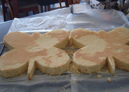 1. Этап. Торт Бабочка: 2. Пока бисквит запекается, приготовьте крем. Для этого в сотейнике растопите масло, но сильно не нагревайте его. Как только масло растопится, влейте, помешивая, тонкой струйкой сгущенку. Взбейте венчиком, добавьте лимонный сок и лимонную цедру. Еще раз взбейте. Из бумаги вырежьте бабочку, ограниченную размерами бисквита. Вырежьте бабочку из бисквита по контуру.