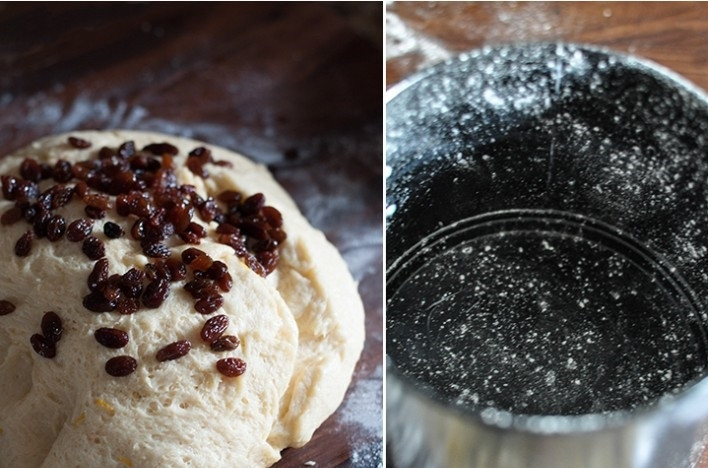 1. Этап. Заварной кулич: 14. В готовое тесто аккуратно вмешайте изюм. Подготовьте формочки для куличей - смажьте маслом и присыпьте мукой.