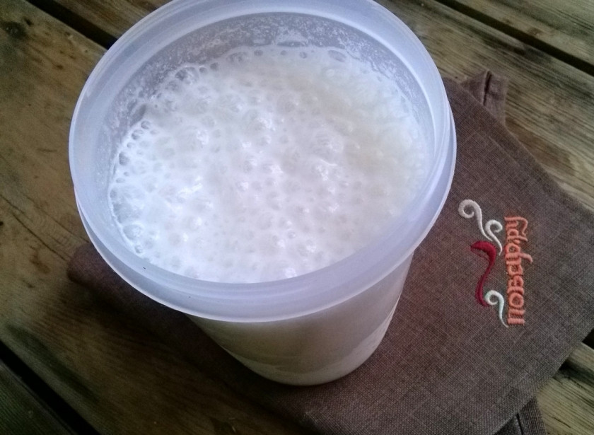 1. Этап. Айран из кефира с зеленью: Домашний кефир, соль и ледяную родниковую воду смешайте с помощью миксера в течение 1-2 минут.