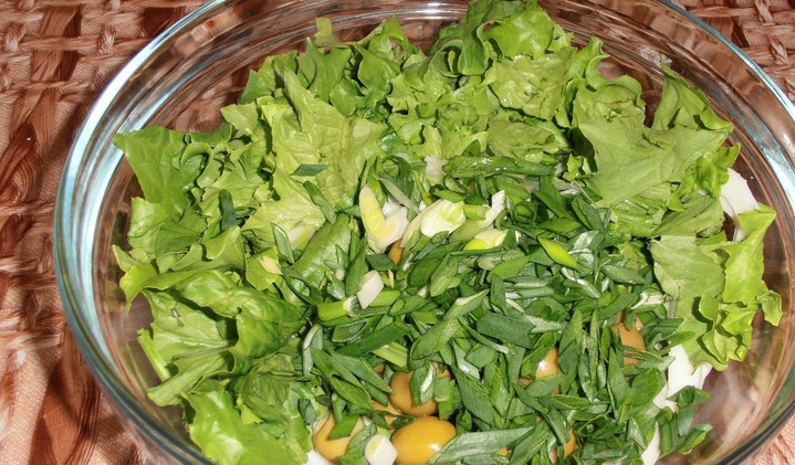 1. Этап. Новогодний салат из кальмаров: Добавляем измельченный зеленый лук.