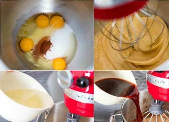 1. Этап. Торт легкий и вкусный: 1. Первым делом включите духовку, пусть греется до 180 градусов. В глубокой мисочке соедините яйца, сахар для теста, корицу, соль. Взбейте до однородности. Добавьте растительное масло и вишневый сок.