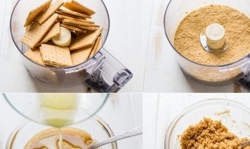 1. Этап. Клубничные мини-чизкейки: 1. С помощью кухонного комбайна измельчите печенье в мелкую крошку. Добавьте к нему растопленное сливочное масло и ванилин.