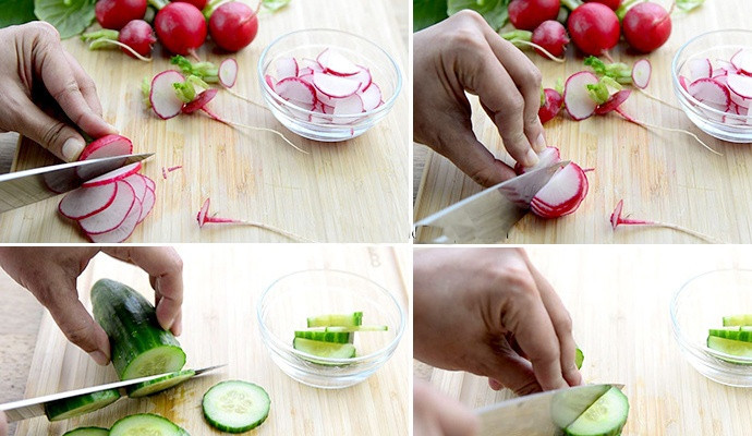 1. Этап. Греческие фрикадельки из баранины: 5. Нарежьте огурец и редис на слайсы.