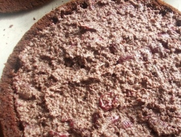 1. Этап. Домашний торт Пьяная вишня: Полученной смесью плотно наполним коробочку из бисквита, накрываем тонким пластом.