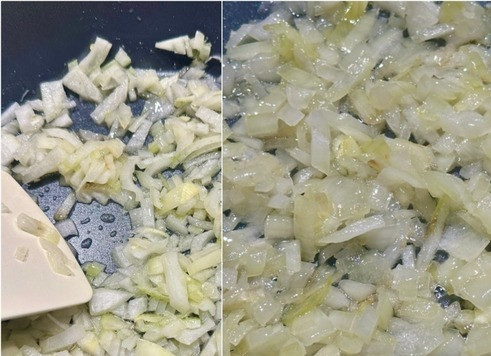 1. Этап. Борщ. Два пути: А пока капуста утамливается готовлю заправку для борща. Луковку нарубил и в масле (лучше всего использовать смесь сливочного и растительного) довел до предпрозрачности.