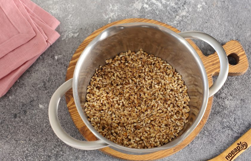 1. Этап. Перловая каша со свеклой: Перловую крупу хорошо промойте и переложите в кастрюлю. Чтобы перловка приготовилась быстрее, ее можно предварительно замочить на несколько часов.