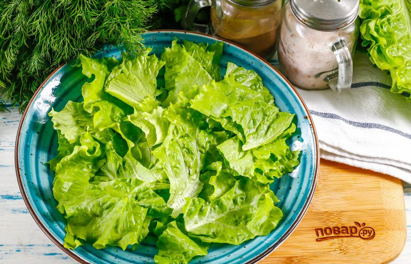 1. Этап. Салат Цезарь диетический: Промойте листовой салат, просушите и нарвите его руками на тарелку.