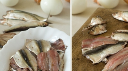 1. Этап. Канапе с килькой: 1. Кильку разрезаем на части, удаляем голову и хребет у каждой рыбки.