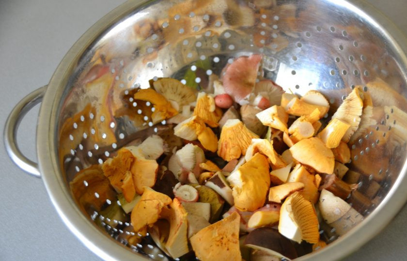 1. Этап. Картошка с лесными грибами: Очистите грибы от лесного мусора, порежьте и промойте, не старайтесь как следует просушивать грибы, пусть на них останется часть воды.