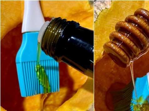 1. Этап. Тыква Жаба с рисом и сухофруктами: Смазал жабу изнутри. Сначала оливковым маслом, а поверх масла медом. Не очень обильно, но так чтобы образовался, все-таки, слой ощутимый.