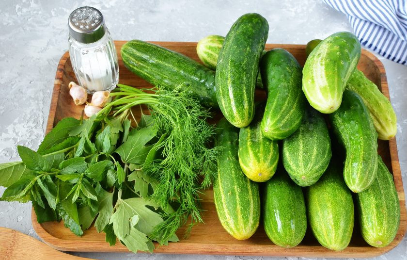 1. Этап. Малосольные огурчики с зеленью в пакете: Подготовьте огурцы, зелень, чеснок и соль. Также понадобится плотный зип-пакет.