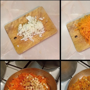 1. Этап. Щи суточные: Очистить лук и морковь. Лук мелко нарезать, морковь натереть на терке, корень петрушки мелко покрошить. Обжарить овощи до готовности в небольшом количестве сливочного масла.