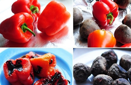 1. Этап. Борщ с ушками: 1. Вымойте и обсушите свеклу и перец. Выложите на противень и отправьте в духовку. Запекайте при температуре 200 градусов около часа перец и примерно 2 часа — свеклу.