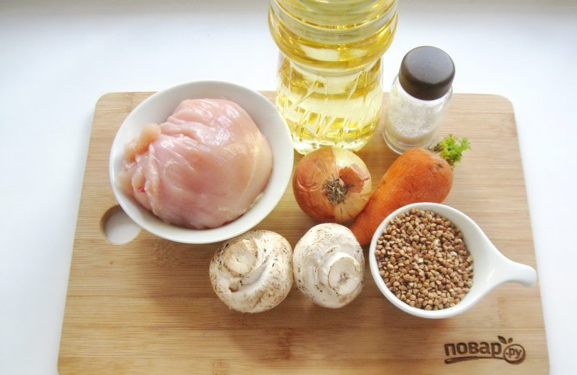 1. Этап. Гречка с мясом и грибами в мультиварке: Подготовьте ингредиенты для приготовления гречки.