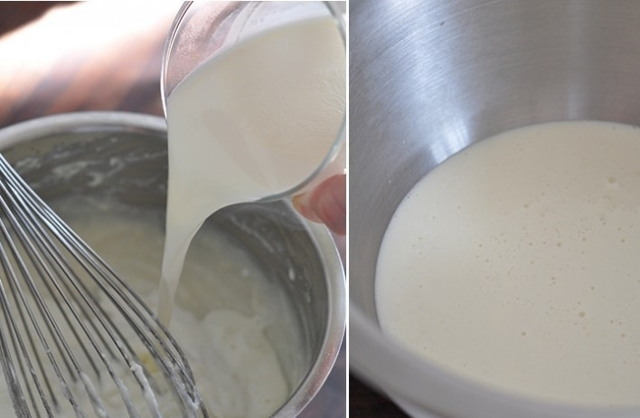 1. Этап. Заварной кулич: 4. Влейте тонкой струйкой теплые сливки и перемешайте.