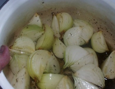 1. Этап. Шашлык из сома: Затем лук укладываем в глубокую посуду, добавляем растительного масла, немного приправ.