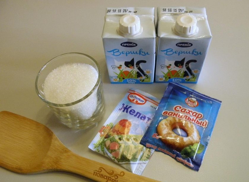 1. Этап. Бланманже, рецепт классический: 1. Приготовьте необходимые ингредиенты. Жирность сливок на вкусе существенно не отразится, берите 10 или 15 %.