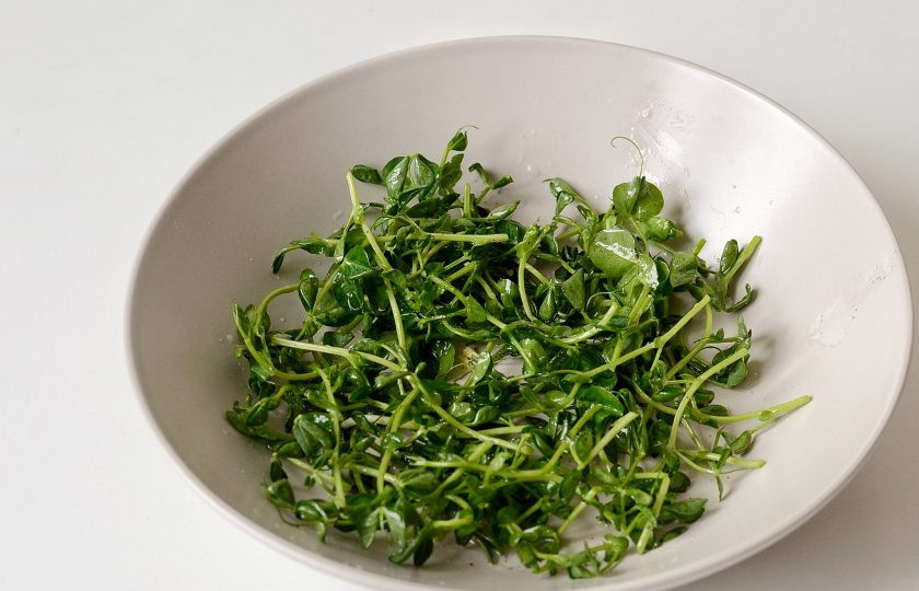 1. Этап. Салат с авокадо и имбирем: Смешайте ростки гороха с заправкой.