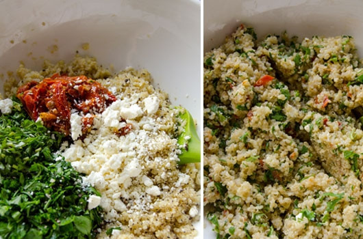 1. Этап. Оладьи из киноа: 1. Крупу соедините в небольшой кастрюльке с водой, добавьте соль и доведите до кипения. Варите минут 10, потом снимите с огня и дайте еще минут 5 настояться. Тем временем покрошите фету, измельчите помидоры и зелень. Соедините все в глубоком салатнике, добавьте белки, яйца, соль и перец по вкусу.