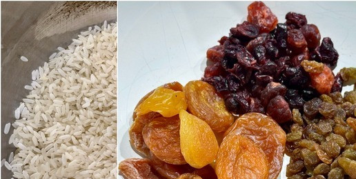 1. Этап. Тыква Жаба с рисом и сухофруктами: Поэтому количество необходимых продуктов взял «от стакана». Рис. Обычный, белый, круглозёрный. Полтора стакана. Рис нало залить горячей водой и поставить себе в сторонку – пусть погреется. С полчасика. Сухофрукты. Примерно в равных долях – два стакана. Изюм, вишня сухая и курага. Если вишня кислая, а такое бывает часто, то ее лучше взять поменьше. Увеличив при этом долю изюма, например. Или кураги. В общем, кому что нравится. Тоже замочить тёплой, ближе к горячей, водой. Минут хотя бы на пятнадцать.