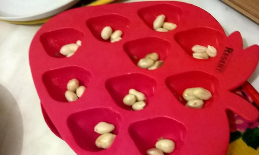 1. Этап. Щербет с арахисом: На дно формы или формочек уложите арахис без шелухи. Его залейте будущим щербетом.