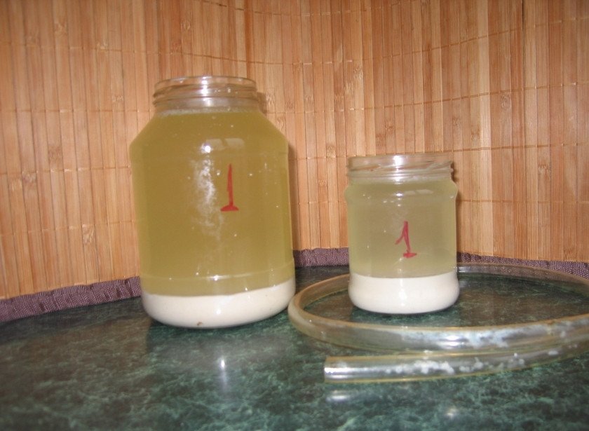 1. Этап. Овсяный кисель Изотова: Сливаем профильтрованную жидкость в банки и оставляем примерно на 12-16 часов. Через 15 часов жидкость в банке выглядела вот так. Осадок на дне - именно то, что нам нужно.