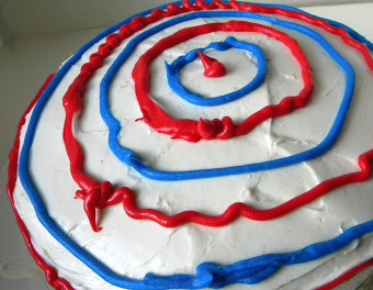 1. Этап. Торт Капитан Америка: 5. Теперь приступаем к украшению: в кондитерский шприц набираем крем, в одну часть которого добавлен красный краситель, а в другую - синий. Теперь делаем линии по окружности.