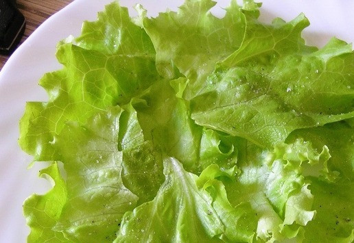 1. Этап. Салат Весенние краски: Листья салата порвите руками, разложите по двум-трем тарелкам. Посолите, поперчите.