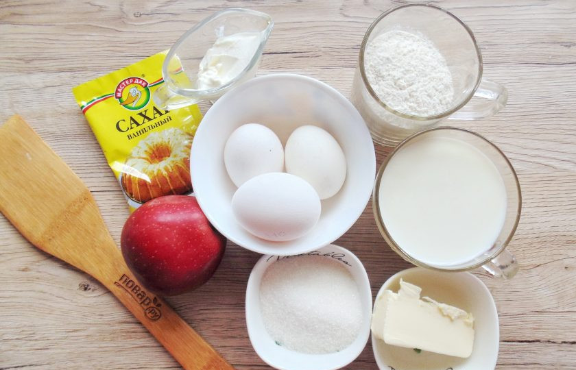 1. Этап. Песочный пирог с яблоками и заварным кремом: Подготовьте ингредиенты для приготовления пирога.