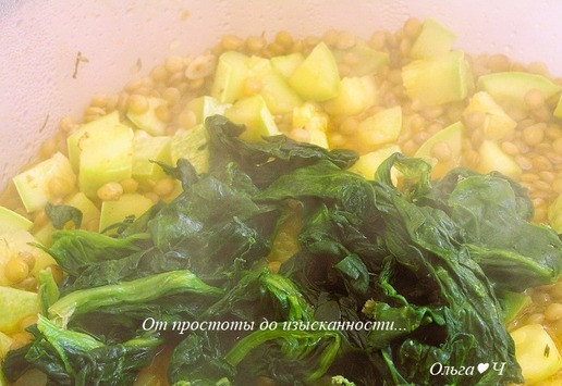 1. Этап. Чечевица с кабачками и шпинатом: За 5 минут до окончания приготовления откройте крышку (остерегайтесь выхода горячего пара!) и добавьте шпинат, перемешайте. По окончании приготовления прозвучит звуковой сигнал.